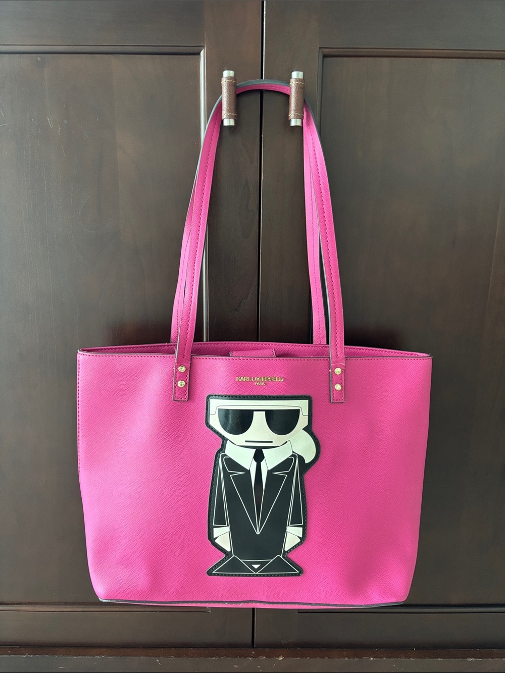 Karl Lagerfeld Hot Pink Leather Tote with Karl Icon Applique EUC
